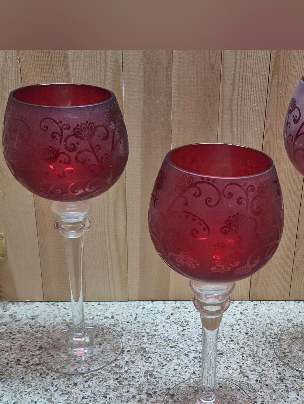 Red Frosted Glass Candle Holder Set of 3 Etched Floral Scroll Clear Stem Chalice